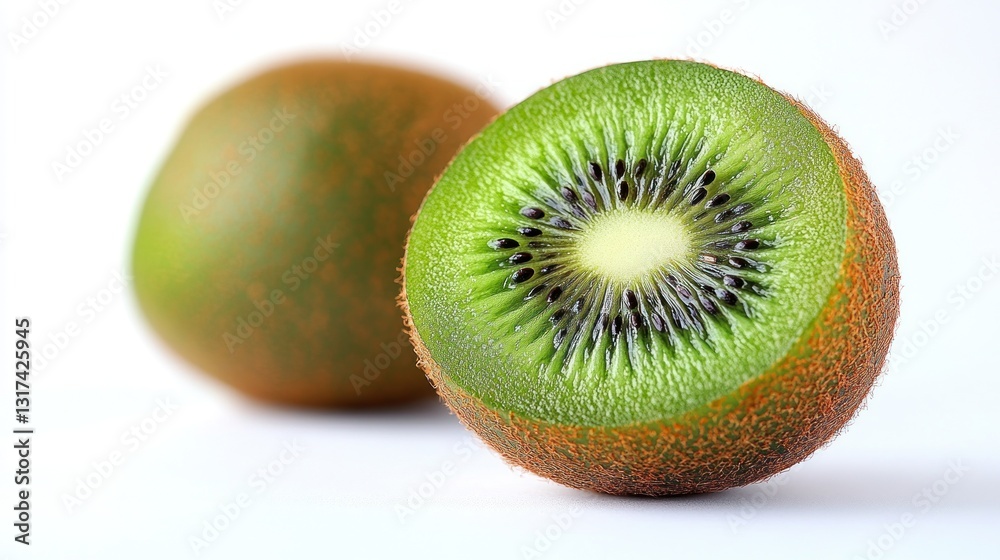 Fototapeta premium Kiwi fruit halves, close-up, white background, healthy eating