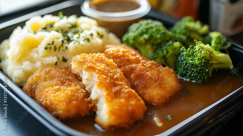 Fototapeta premium Crispy breaded fish with mashed potatoes and broccoli