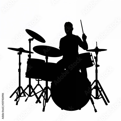 Silhouette of drummer playing on drum set against white background