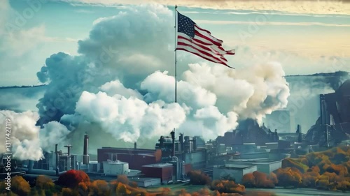 Drapeau américain flottant rapidement devant des cheminées polluantes