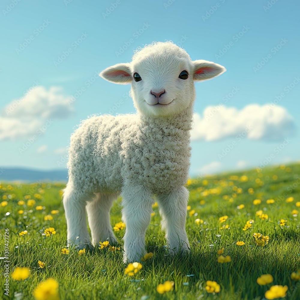 Fototapeta premium White lamb standing in a bright green field.