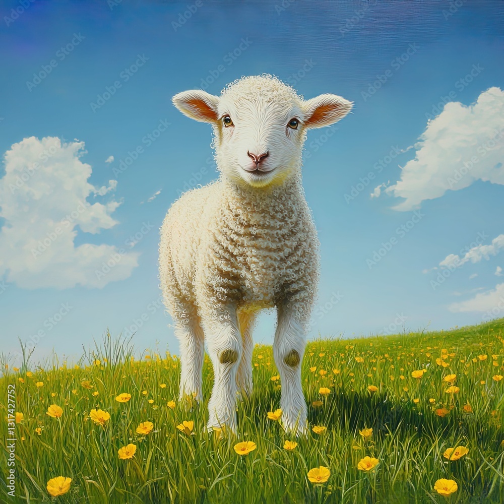 Obraz premium White lamb standing in a bright green field.