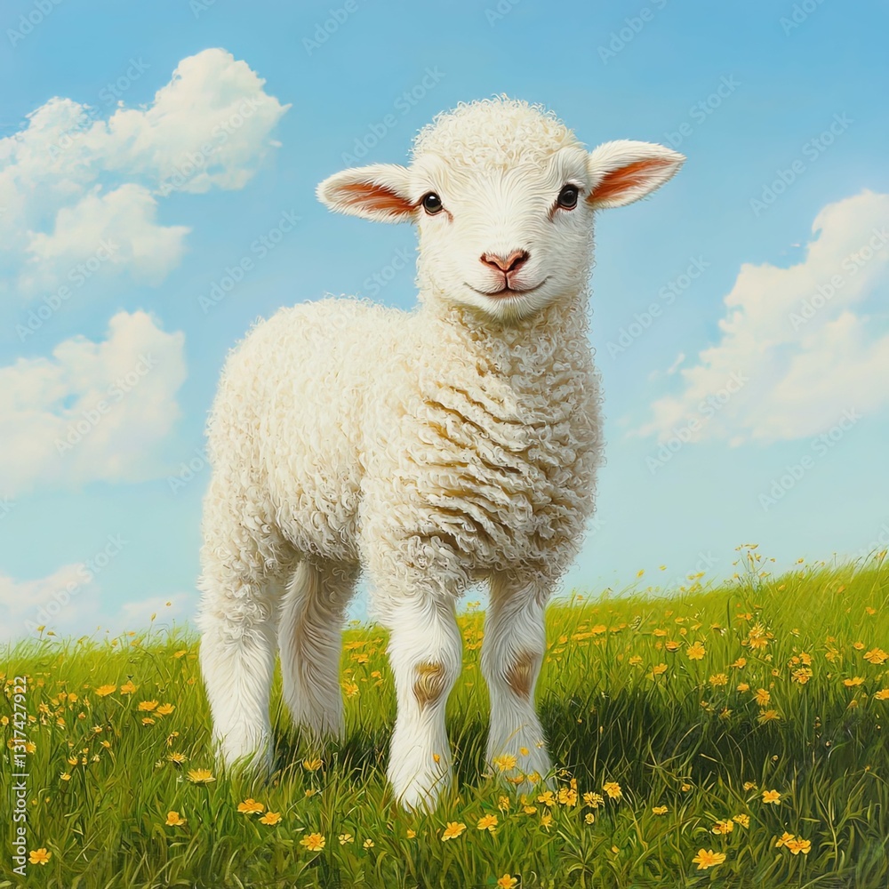 Fototapeta premium White lamb standing in a bright green field.