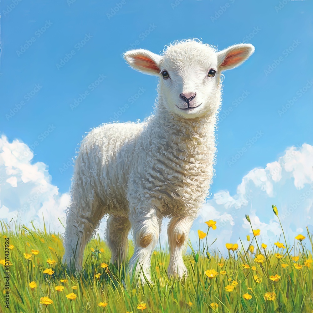Fototapeta premium White lamb standing in a bright green field.