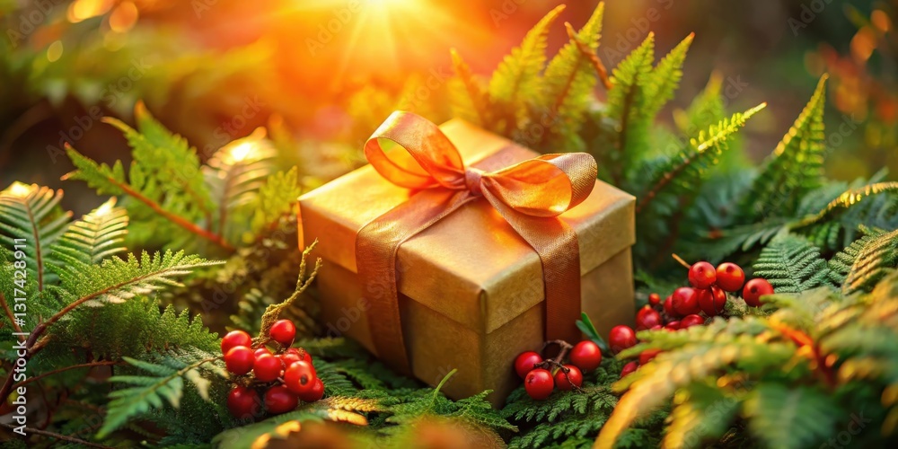 A golden gift box, adorned with a delicate ribbon, nestled amidst lush greenery and vibrant red berries, bathed in the warm glow of the setting sun. A golden gift box, adorned with a delicate ribbon, nestled amidst lush greenery and vibrant red berries, bathed in the warm glow of the setting sun.