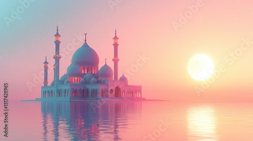 Eid celebration at a pastel mosque islamic ramadan illustration in a serene background