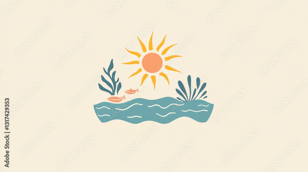 Obraz premium Hello Summer typographic logo sign on withe background. Sea plants, sun, beach sea and travel vector illustration. Holliday i love summer logo icons sun and fun rest