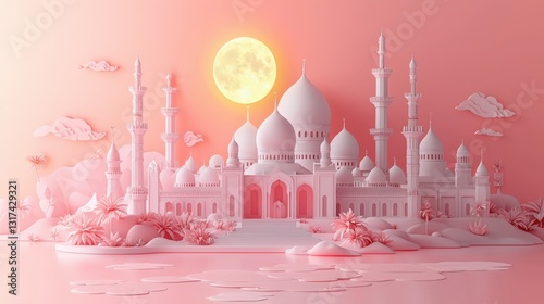 Eid and ramadan celebration mosque illustration pastel background islamic art concept