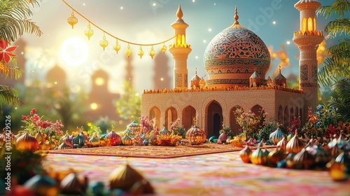 Pastel background eid celebration illustration at a mosque for ramadan in islamic culture