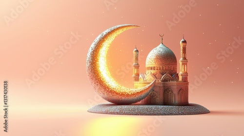 Whimsical eid illustration of a mosque with pastel background celebrating ramadan in islamic art