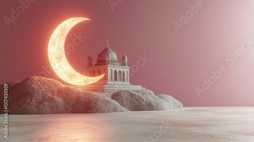 Whimsical eid illustration with mosque and crescent moon in pastel background for ramadan