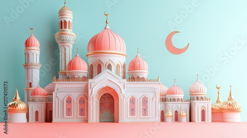 Whimsical illustration of a mosque for eid and ramadan pastel background islamic design