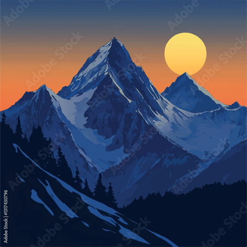 landscape, illustration, silhouette, sunset, nature, vector, sunrise, horizon, art, graphic, design, concept, mountains, template, colorful, background, scene, lake, cartoon, reflection, sky, land, 