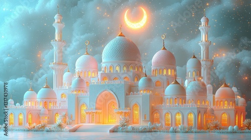 Eid celebration at a mosque pastel islamic illustration dreamy ramadan background