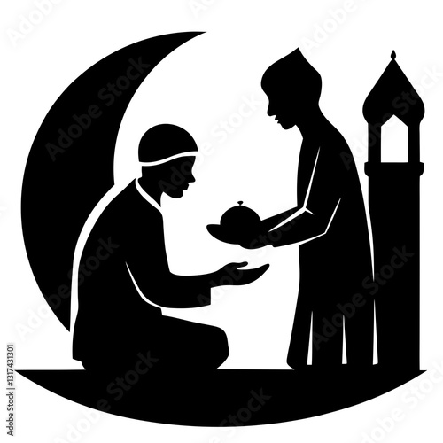 A person giving iftar to a poor man in a spiritual setting on white background