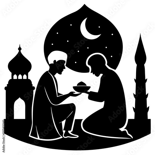 A person giving iftar to a poor man in a spiritual setting on white background