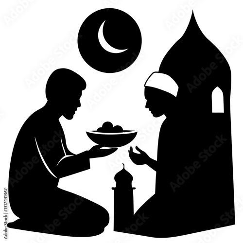 A person giving iftar to a poor man in a spiritual setting on white background