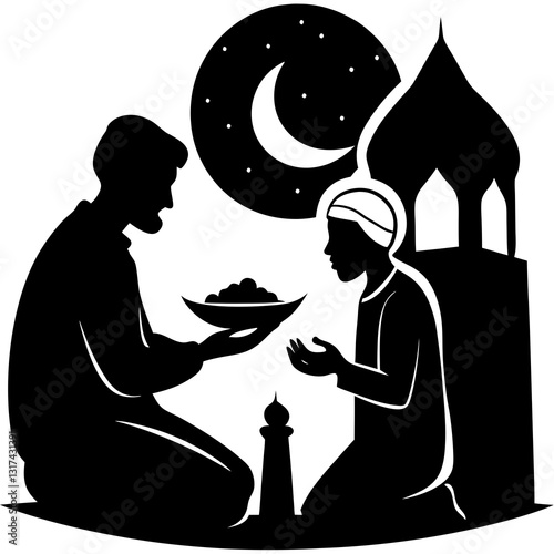 A person giving iftar to a poor man in a spiritual setting on white background