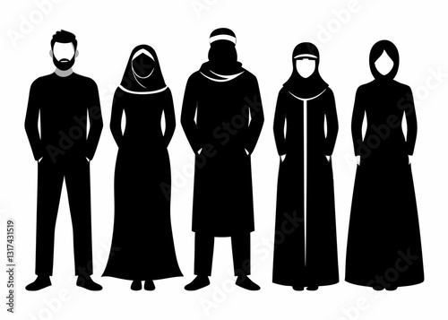A Set Of Black Silhouette Muslim Arab Man And Women On White Background
