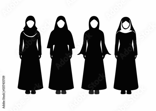 A Set Of Black Silhouette Muslim Arab Women On White Background