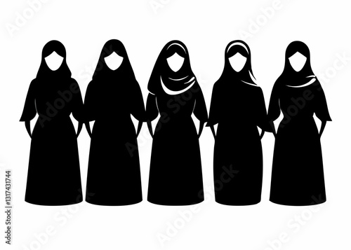 A Set Of Black Silhouette Muslim Arab Women On White Background