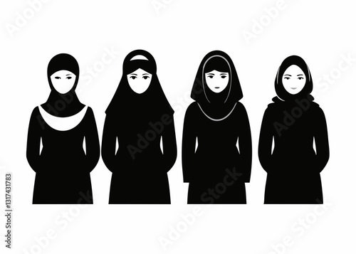 A Set Of Black Silhouette Muslim Arab Women On White Background