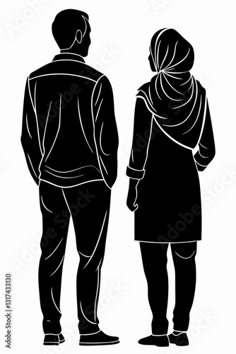Man and woman in hijab in silhouette on white background