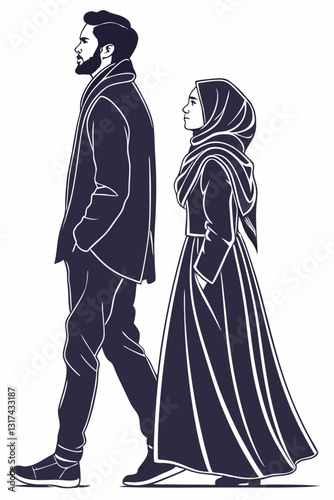 Man and woman in hijab in silhouette on white background