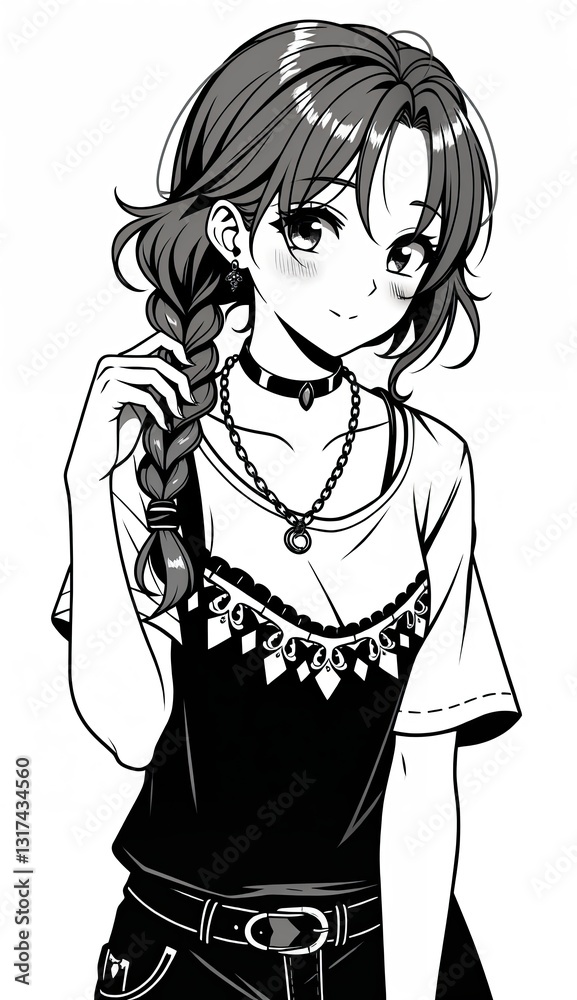 beautifully detailed black-and-white anime-style illustration of a cheerful young woman with long, flowing hair styled in a loose braid. beautifully detailed black-and-white anime-style illustration of a cheerful young woman with long, flowing hair styled in a loose braid.