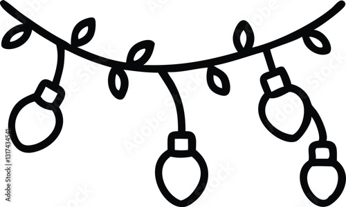One continuous line drawing of Christmas garland with light bulbs. Festive festoon xmas string and divider border in simple linear style. Editable stroke. Doodle vector illustration