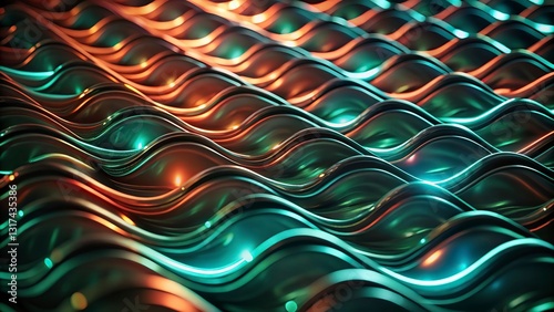 abstract background of metallic stripes in blue and green colors for design,3d rendering of abstract metallic wavy background with glowing lines.