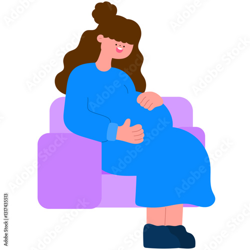 pregnant woman sitting on a couch, gently holding her belly, motherhood and relaxation flat vector illustration