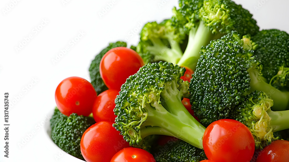 Close Up Of Green Broccoli And Red Cherry Tomatoes In A White Setting With Studio Lighting Showcasing Freshness And Vibrant Colors For Healthy Eating Close Up Of Green Broccoli And Red Cherry Tomatoes In A White Setting With Studio Lighting Showcasing Freshness And Vibrant Colors For Healthy Eating
