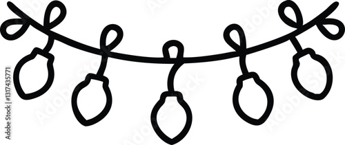 One continuous line drawing of Christmas garland with light bulbs. Festive festoon xmas string and divider border in simple linear style. Editable stroke. Doodle vector illustration
