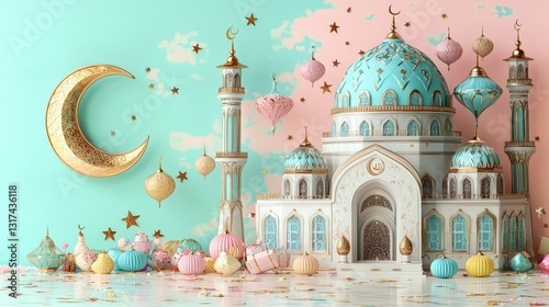 Eid celebration illustration at mosque with pastel background islamic concept vibrant design