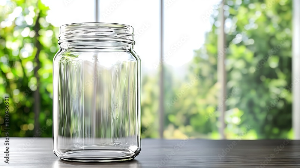 Clear Glass Jar on Wooden Table with Bright Nature Background Clear Glass Jar on Wooden Table with Bright Nature Background