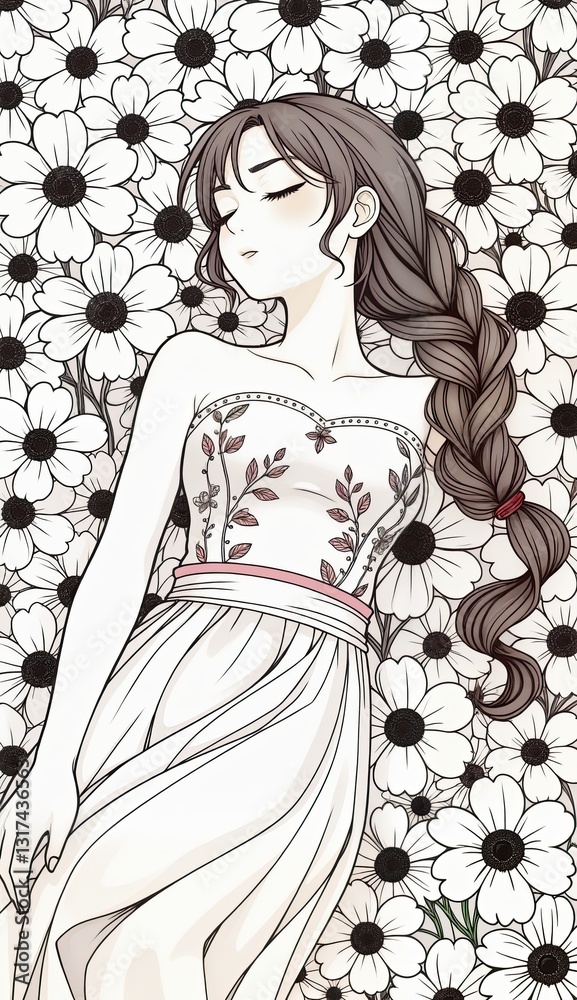 Fototapeta premium beautifully detailed black-and-white anime-style illustration of a cheerful young woman with long, flowing hair styled in a loose braid.