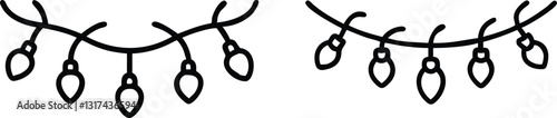 One continuous line drawing of Christmas garland with light bulbs. Festive festoon xmas string and divider border in simple linear style. Editable stroke. Doodle vector illustration