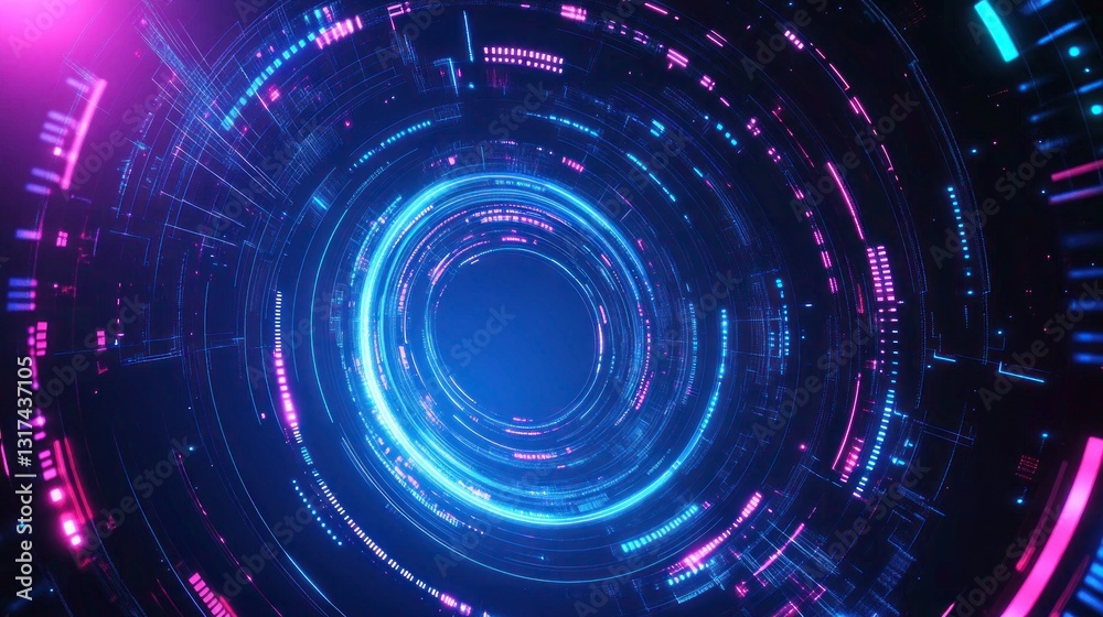 Abstract neon futuristic portal tunnel with glowing circular data streams Abstract neon futuristic portal tunnel with glowing circular data streams