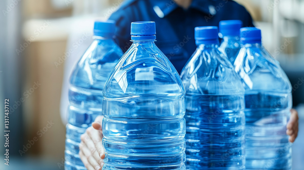 Water delivery service man character in uniform and different water bottle vector elements. Water delivery service man character in uniform and different water bottle vector elements.