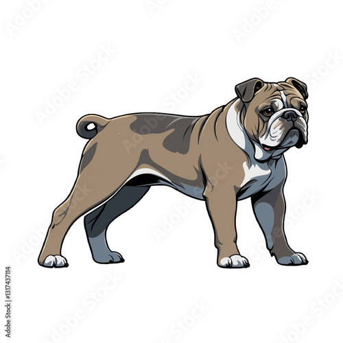 Bulldog standing proudly on a white background showcasing muscular build and characteristic features