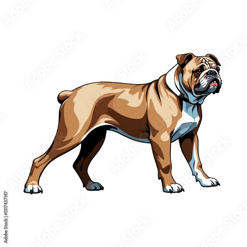 Bulldog standing proudly on a white background showcasing muscular build and characteristic features