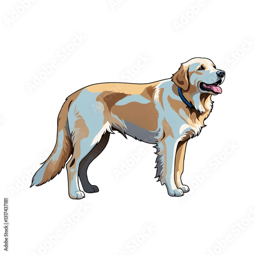 Golden retriever standing proudly in a bright and colorful illustration during a sunny day outdoors