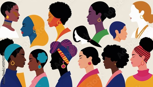 Women's History Month: diverse female profiles, colorful silhouettes, minimalist side views. Bold colors, flat design, multicultural representation, empowerment, unity, cream background, vector art.