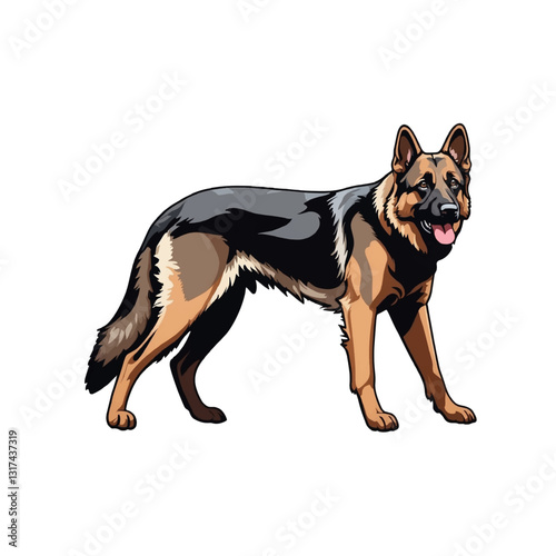 Detailed illustration of a German Shepherd standing confidently in a playful pose with its tongue out in a bright setting