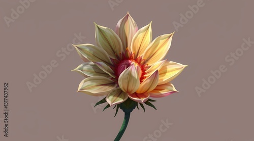 Radiant Blossom: A vibrant botanical illustration showcasing a beautiful flower, with an open bloom revealing a burst of color and intricate details.