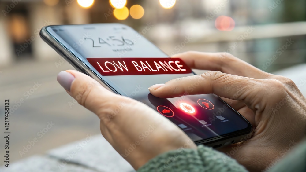 Person holding smartphone with a low balance notification on screen, focusing on digital finance.