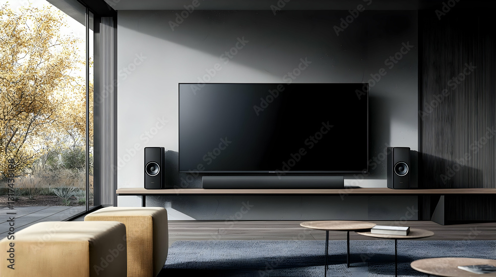 Fototapeta premium Modern Home Theater Setup In a Stylish Living Room with Large Television Sound System and Cozy Seating Area