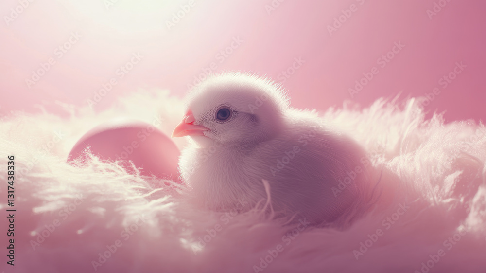 Easter Chick in Soft Pink Fur Nest with Gentle Light Easter Chick in Soft Pink Fur Nest with Gentle Light