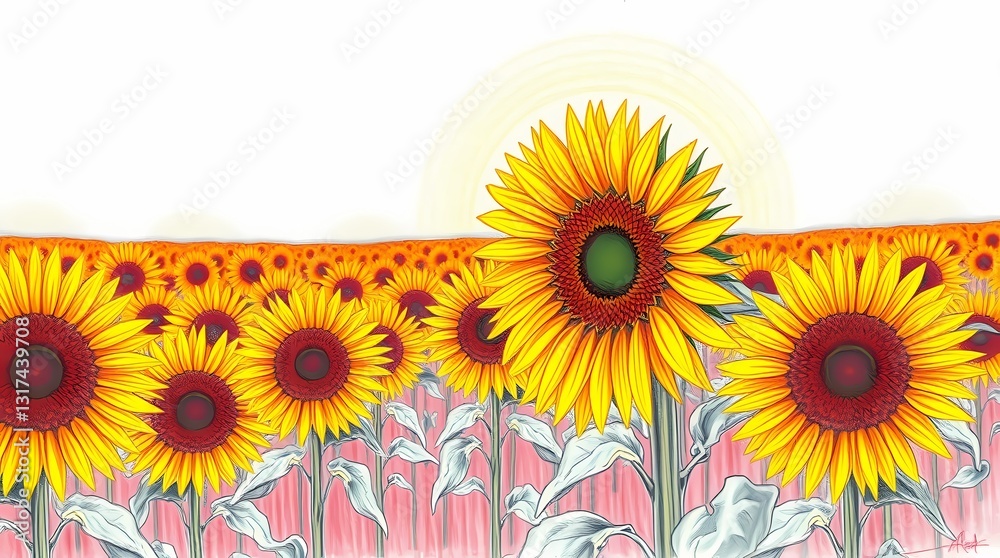 Obraz premium Field of Sunflowers under the Sun: An enchanting field of sunflowers blooms radiantly under the sun, creating a vibrant display of nature's beauty and vitality, with detailed illustration.